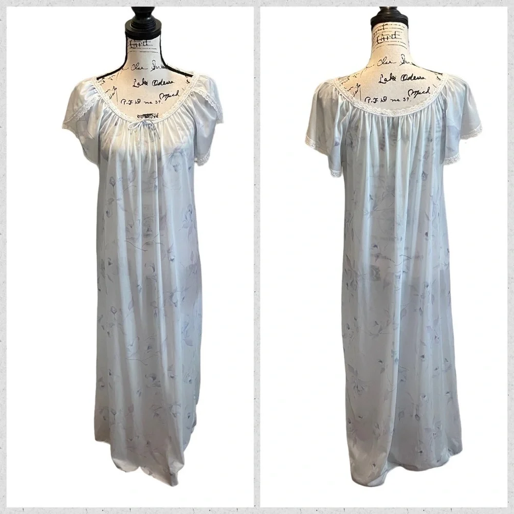 Vintage Miss Dira New York Sheer Nightgown Blue Floral Medium Lace trim Sexy - Picture 8 of 8